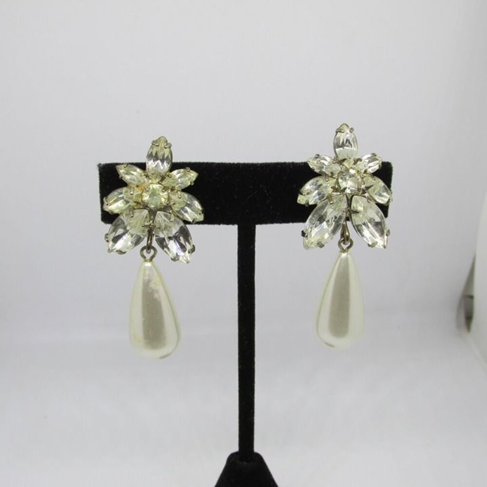 Vintage Large  Crown Trifari Rhinestone and Faux Pearl Teardrop Clip-on Earrings